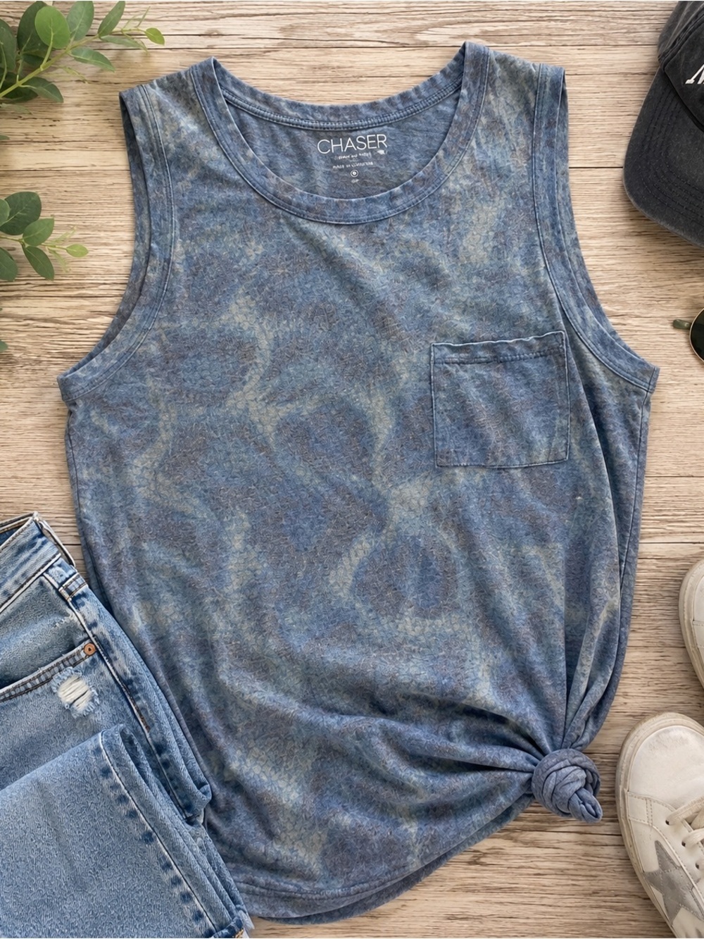 Chaser Blue Mineral Wash Pocket Tank Top